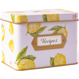 HEART & BERRY Lemon Recipe Box with 24 4x6 Cards and 12 Dividers - Recipe Tin for 4 X 6 Inches Recipe Cards