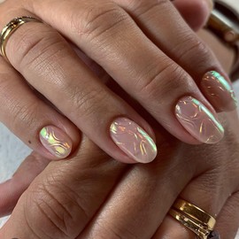 evpct Spring & Summer Glossy Press on Nails Short Oval, Aurora Glazed Fake Nails Press ons with 3D Pattern Design, Light Weight Perfectly Fit Nails for Women Gift, Fake Nail Kit with Glue Gel, 24Pcs