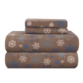 Pointehaven Heavy Weight Printed Flannel Sheet Set, Queen, Snow Flakes/Tan