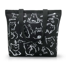WIERAEM Cute Cat Canvas Tote Bag Aesthetic, Shopping Bag for Women, with Zip and Inner Pockets, Carry Bag, Cotton Bag, Reusable, Black