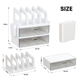 LALOBLUE Acrylic Desk Organizer with Drawer and Vertical File Holder, Desk Organizers and Accessories, Multi-Functional Office Supplies Organizer for Home or Work Desk, White