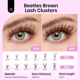 Beetles Brown Lash Clusters Lash Extensions Natural Eyelashes Clusters 240pcs Individual Lashes 30D 40D Wispy Eyelash Extensions D Curl 10-16mm 3D DIY Cluster Lashes (C040, 30D 40D, 10-16mm)