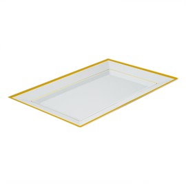 Restaurantware Moderna 12.8 x 8.3 Inch Premium Disposable Plates 10 Rectangular Plastic Plates For Parties - Gold-Rimmed Durable White Plastic Dinner Plates For Warm And Cold Foods