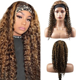 Highlight Honey Blonde Headband Wig Human Hair Full Head Machine Made Half Wigs 150% Density Glueless None Lace Front Curly Wave Wig 20 Inch P1B/27 Blonde Headband Wig Human Hair Grade 8A