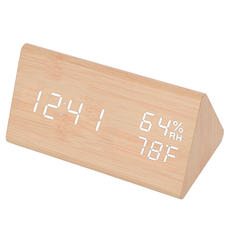 Triangular Digital Wooden Clock Time Date Temperature Humidity Display Alarm