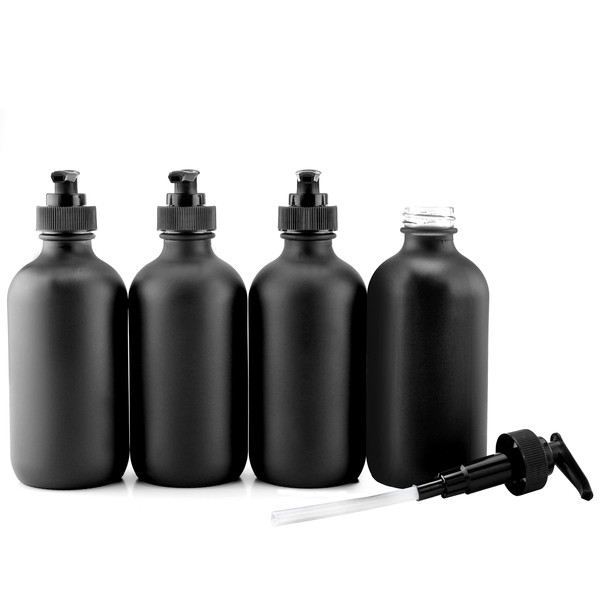 Cornucopia Brands Black Coated 8-Ounce Glass Pump Bottles (4-Pack), Great for Lotions, Liquid Soap, Aromatherapy and More