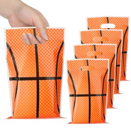 50pcs Basketball Party Favor Bags, Plastic Basketball Gift Bags with Handle, 10 x 6.5 inch Candy Bag for Birthday Party, Christmas