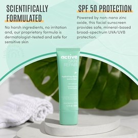 Active Skin Repair SPF 50 Certificado EWG hidratante diario protector solar e hidratante facial, sin nano zinc, no tóxico, protección solar facial mineral hidratante de amplio espectro, 1.7 onzas líquidas