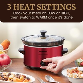 Elite Gourmet MST-275XR Electric Oval Slow Cooker, Adjustable Temp, Entrees, Sauces, Stews & Dips, Dishwasher Safe Glass Lid & Crock (2 Quart, Metallic Red)