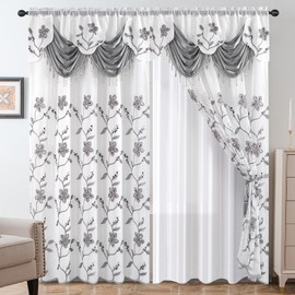 Petrichor Embroidered Sheer Curtain 2 Panels Set - Luxury Window Curtain Attached Valance with Satin Backing and 2 Tie Backs for Living Room,Dining Room, 54x63 inches, Gray