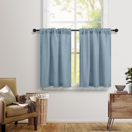 Light Blue Kitchen Curtain 24 Inch Length for Small Window 2 Panel Back Tab Pocket Cotton Textured Sheer Linen Short Cafe Curtain Valance for Bathroom Laundry Garage Country Farmhouse 30x24 Stone Blue