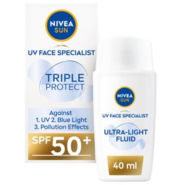 NIVEA SUN Triple Protect Light Sun Fluid SPF50+ (40ml), Face Sun Cream SPF50 with Hyaluron, Protects Against UV, Blue Light and Pollution, Daily Face Sunscreen