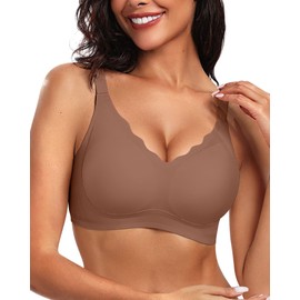 Vertvie Womens Seamless Bras No Underwire Supportive Wireless Push Up Full Coverage Bralette Comfort Scalloped T-Shirt Bra(Coffee,Large)