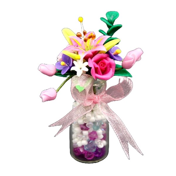 Dolls House Vase of Flowers Pink Floral Display Miniature Ornament