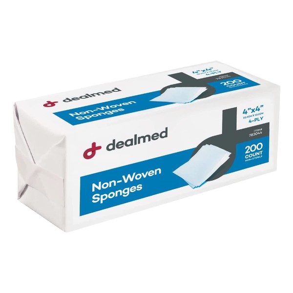 Dealmed Non-Woven Gauze Sponges - 4-Ply, 4" x 4" All-Purpose Non-Sterile Gauze Pads, Absorbent Dental Gauze Wound Care Product for First Aid Kit/Medical Facilities, 200 Count (Pack of 1)