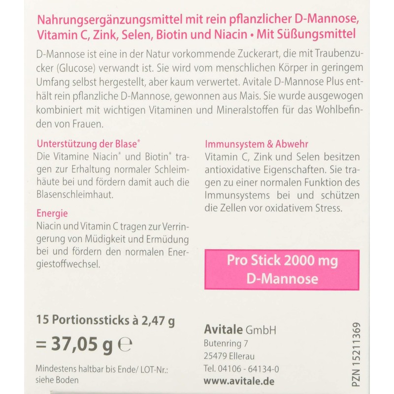 Avitale D-Mannose Plus 2000mg Stick with Niacin and Biotin to