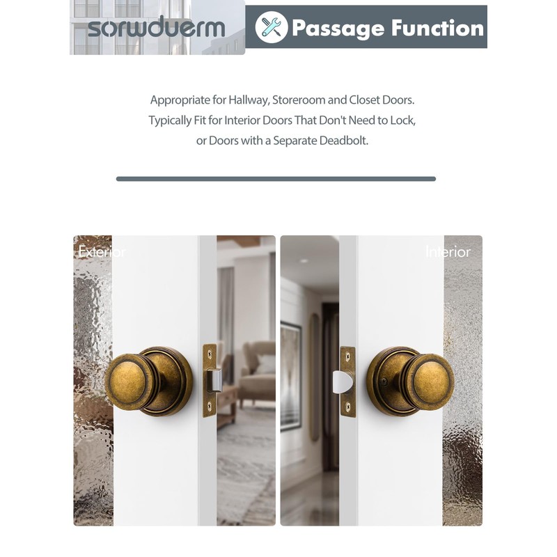 SORWDUERM 2 Pack Antique Brass Bronze Door Knobs Passage Door