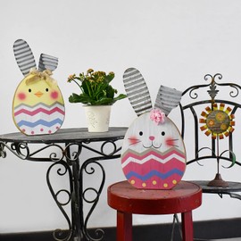 Easter Bunny Egg Chick Tabletop Decor Wood Easter Egg Rabbit Sign for Spring Easter Decoration (Pink Yellow)