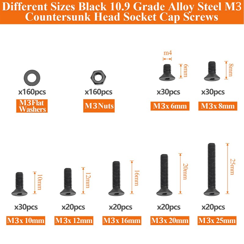 Nivithi 480pcs M3 Grade 10.9 Countersunk Hex Socket Screws,M3x6–25mm Black