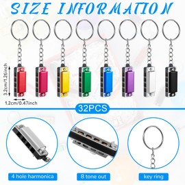 Ecally 32 Pieces Mini Harmonica Keychain for Kids Portable Wind Instruments 4 Holes 8 Tunes Harmonica Music Party Favors Cute Music Keychain Accessory 8 Colors