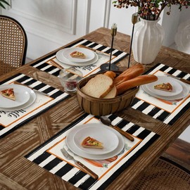 BIPASION Fall Placemats, Thanksgiving Placemats for Dining Table Set of 4, Autumn Washable Table Place Mats, Pumpkin Kitchen Table Mats for Indoors & Outdoors Holiday Decor, Black Stripe Pumpkin