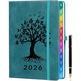 ZXHQ Diary 2026 Week to View A5, Jan to Dec, Weekly & Monthly Full Year Planner, with UK Holidays, Colourful Monthly Tabs, Fine Inner Pocket, Hardcover, and Pen Set, 5.9" × 8.5" - SeaGreen