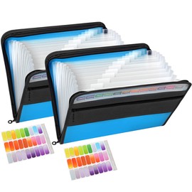 Pack of 2 TRANBO 13 Pockets Expanding File Folder with Zipper Closure, A4 Plastic Document Wallet Paperwork Organiser with Handy Front Pocket for Personal Office Stationary Storage (Blue)