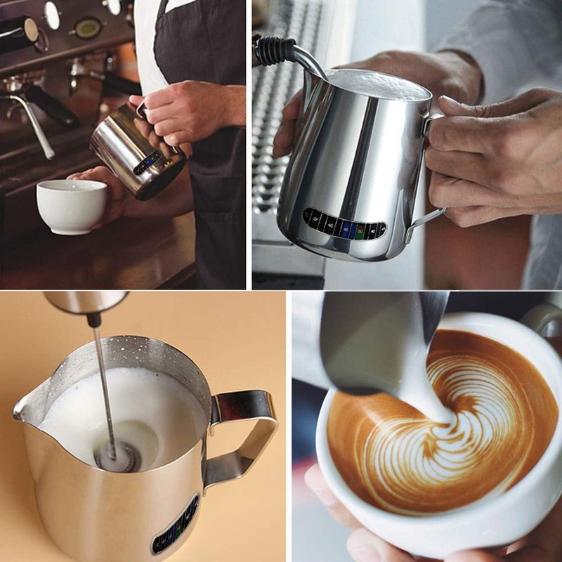 QLESHINING Milk jug Frothing with Thermometer, Stainless Steel Coffee Pitcher