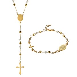 Rosary Beads Catholic Cross Necklace Bracelet: Stainless Steel Pearl Beaded Virgin Mary Medallion Christian Y Necklace Jewelry Gifts for Women Men, Stainless Steel, No Gemstone