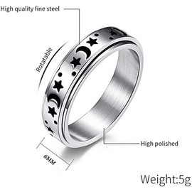 Titanium Stainless Steel Spinner Rings Moon and Star Ring Stress Relieving Anxiety Ring Engagement Wedding Promise Band for Women Men (Silvery, 8)