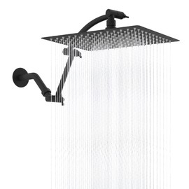 Hibbent All Metal cUPC Certified Rain Shower Head, 12'' High Pressure Rainfall Showerhead with 16" Shower Head Extension Arm, Solid Brass Adjustable Shower Arm Extender, fixed Showerheads, Matte Black