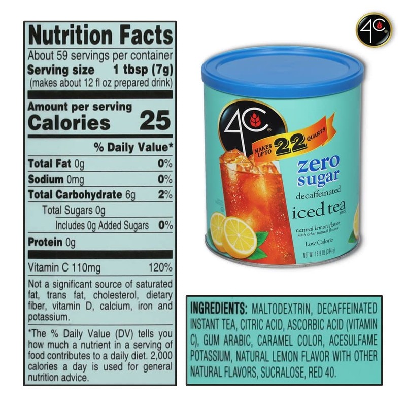 4C Light Powdered Drink Mix Cannisters, Zero Sugar Decaffeinated Iced