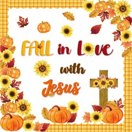 111Pcs Fall in Love with Jesus Christian Bulletin Board Decoration Fall Sunflower Pumpkin Cross Cutout Name Tags Faith Religious Back to School Wall Decor for Classroom Preschool Chalkboard