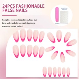 30PCS Hot Pink French Tip Press On Nails - Short Almond Shape False Nails For Women - Classic Soft Gel Stick On Natural Look Fake Set Multiple Sizes With Full DIY Kit For Daily Wear