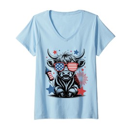 Womens 4th Of July Highland Cow Cute American Farm Boys Girls Kids V-Neck T-Shirt