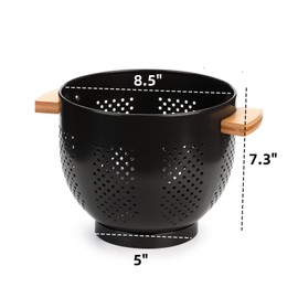 Dicunoy Metal Colander with Wood Handle, Black Deep Metal Strainers Colander, Heavy Duty Large Strainer for Pasta, Fruits Drain and Storage