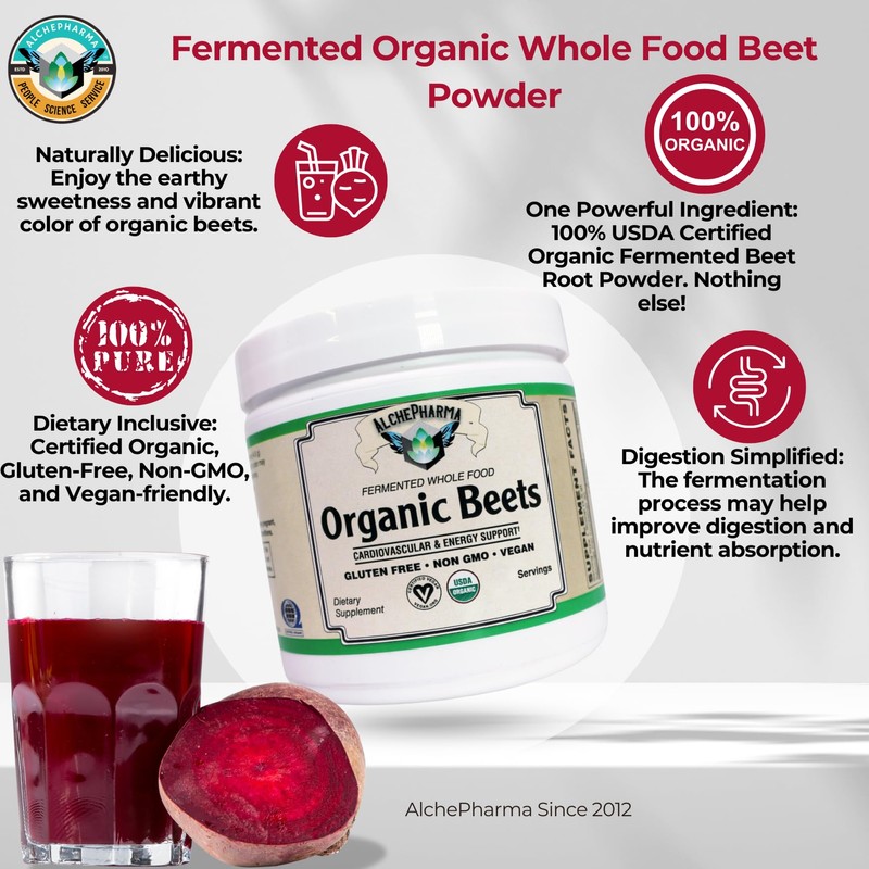 AlchePharma Organic Fermented Beet Root Powder (30 Servings, 4.76, Ounce)