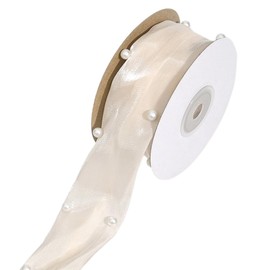 CABODYALS About 5 Yards Champagne Pearl Transparent Ribbon White Bridal Sheer Pearls Beaded Fishtail Chiffon Organza Trim Ribbons for Gift Wrapping Wedding Invitations Bouquets Christmas Decor Supply