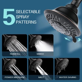 BRIGHT SHOWERS High Pressure Rain Shower Head, Fixed Shower Head with 5 Spray Settings, Adjustable Angle and Anti-Clog Nozzles, Oil Rubbed Bronze