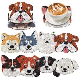 8 Pcs Dog Shaped Diamond Painting Coasters for Drinks, DIY Pet Dog Diamond Painting Kits with Holder, Diamond Art Coasters for Beginners Adults Art Craft Supplies Gift