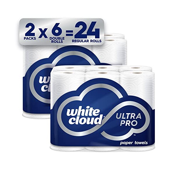 White Cloud Ultra PRO Ultra Absorbent Paper Towel, Choose-a-Size Sheets, 2 Packs of 6 DOUBLE Rolls = 24 Regular Rolls