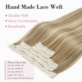 REECHO Clip in Hair Extensions, Hair Extensions Thick Long Lace Weft Lightweight Synthetic Hairpieces for Women (24 Inch-240 Gram(Pack of 5), Walnut Brown with Blonde Highlights)