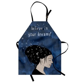 Ambesonne Wording Apron, Portrait of Woman with Dark Hair and Moon Stars Dream Believer Words Feminine Art, Small Apron Bib with Adjustable Ties for Baking Painting, Small Size, Blue