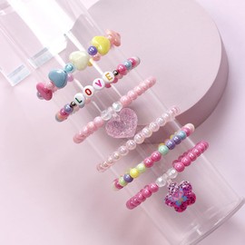 Kysin Chiys 6 Pcs Set Colorful Beads Princess Bracelets Cute Rainbow Stretchy Pink Love Bracelet Costume Jewelry for - Heart & Flower