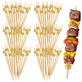 300PCS Cocktail Picks, Sublaga 4.7" Eco-friendly Natural Bamboo Ball Food Picks, Fancy Toothpicks for Appetizers, Drinks Party Fruit, Bamboo Gold Ball Food Sticks Charcuterie Boards Accessories
