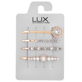 Lux Accessories Set of 4 Pieces Floral Clear Crystal Rhinestones White Pearls Gold Tone Hair Pins