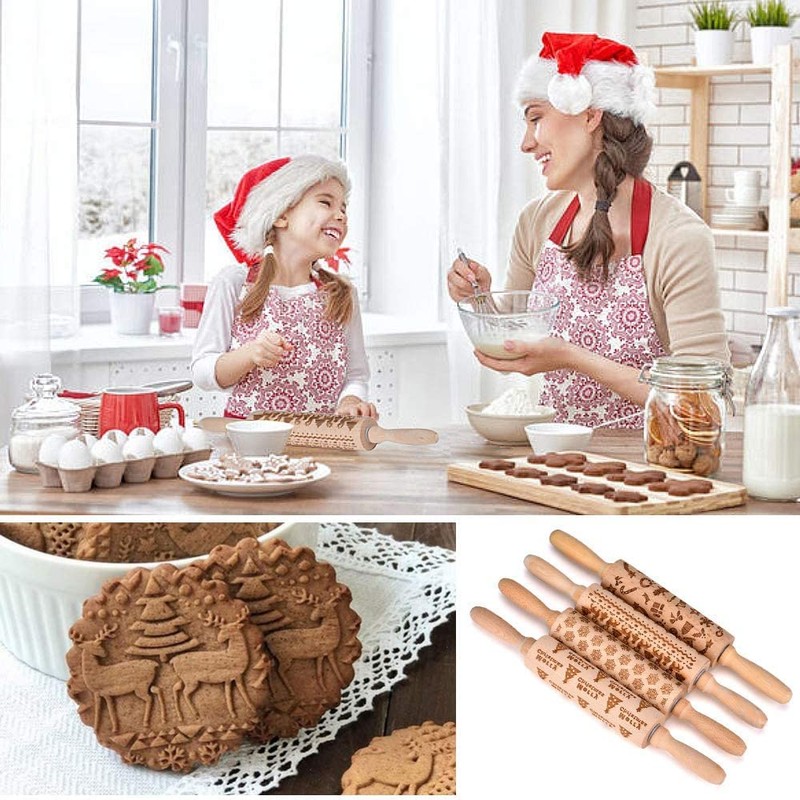 Rolling Pin with Embossing Christmas, XiXiRan Christmas Prage Rolling Pin,