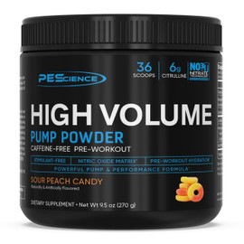PEScience Polvo preentrenamiento con bomba de refuerzo de óxido nítrico de alto volumen, caramelo de melocotón agrio, 36 cucharadas, sin cafeína      