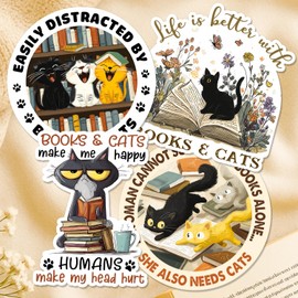Books and Cats Stickers – Cute Cat Reading Decals for Book Lovers, Waterproof Vinyl Stickers for Laptops, Water Bottles, Journals – Funny Cat Lover Gifts for Women, Teens, Readers