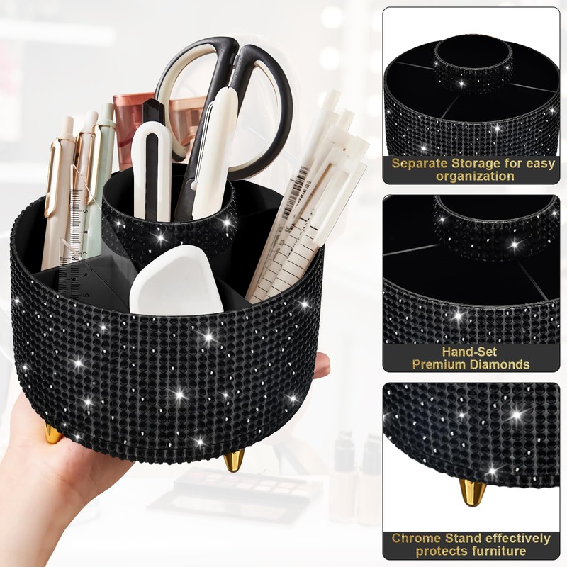 Diesisa Bling Makeup Organizer: 360°Rotating Bling Rhinestone Cosmetic Display Cases